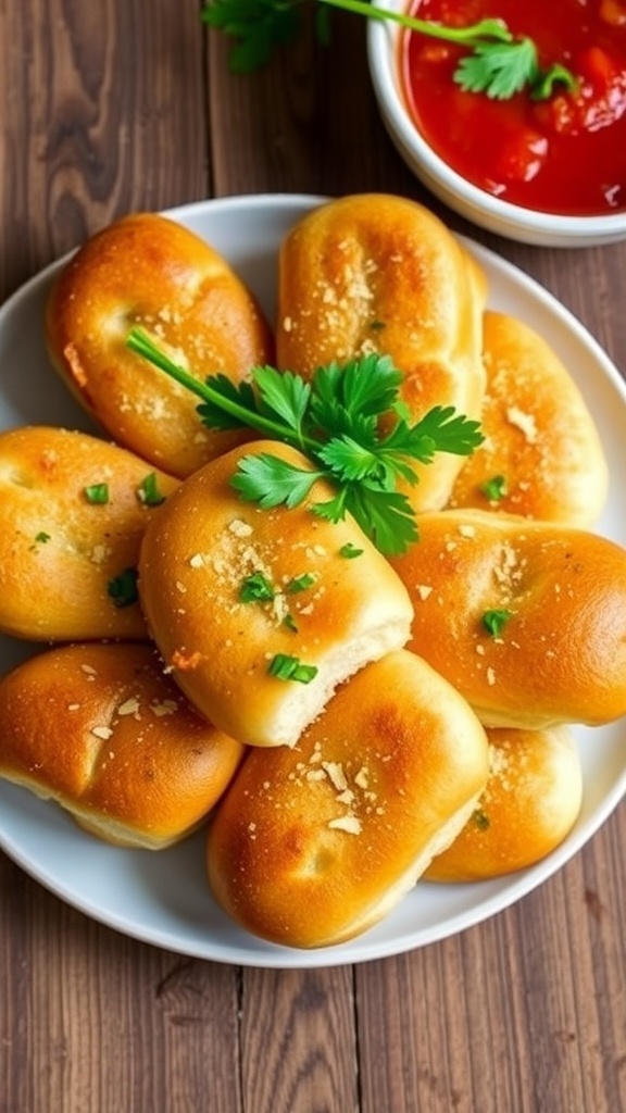 Garlic bread made from hamburger buns, golden and crispy, garnished with parsley and Parmesan, served with marinara sauce.